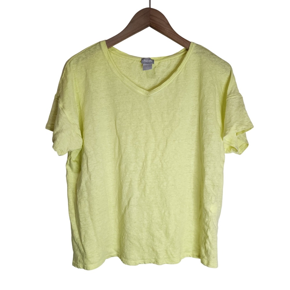 Chico's Shirt Women's 2‎ (Large) Linen Short Sleeve V-Neck Cropped Yellow